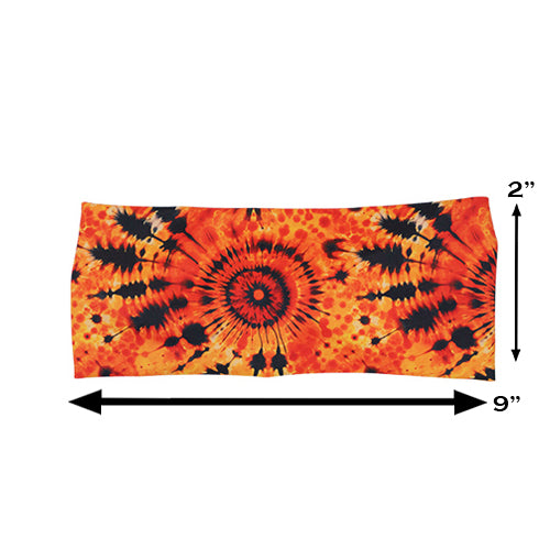 black and orange tie dye headband measured at 2 by 9 inches