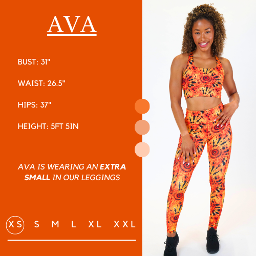 Model’s measurements of 31” bust, 26.5” waist, 37” hips and height of 5 ft 5 inches. She is wearing a size extra small in our leggings