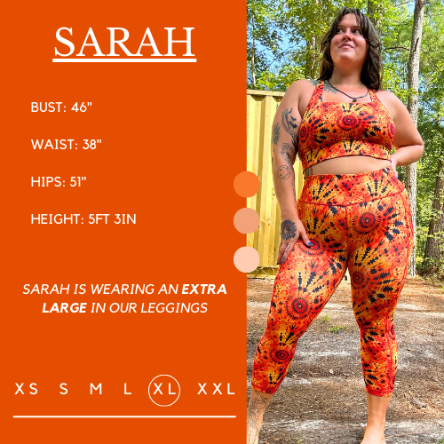 Model’s measurements of 46” bust, 38” waist, 51” hips and height of 5 ft 3 inches. She is wearing a size extra large in our leggings