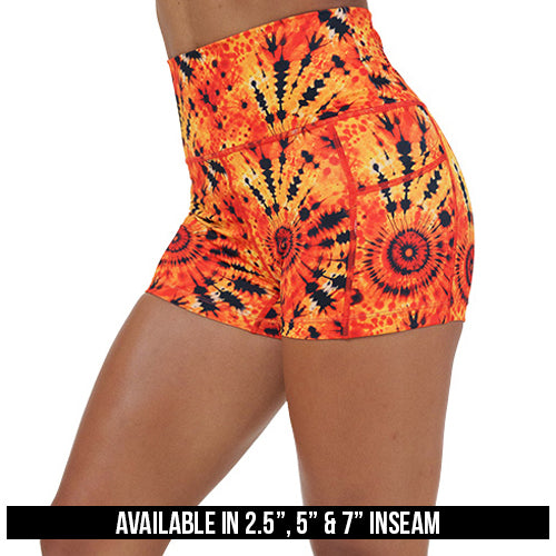 black and orange tie dye shorts available inseams