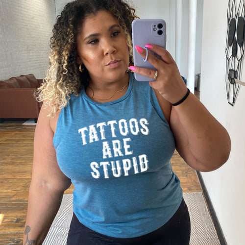 model wearing the deep teal Tattoos Are Stupid Muscle Tank