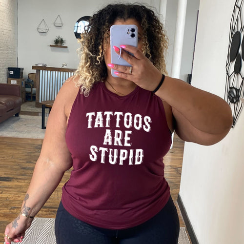 model wearing the maroon Tattoos Are Stupid Muscle Tank