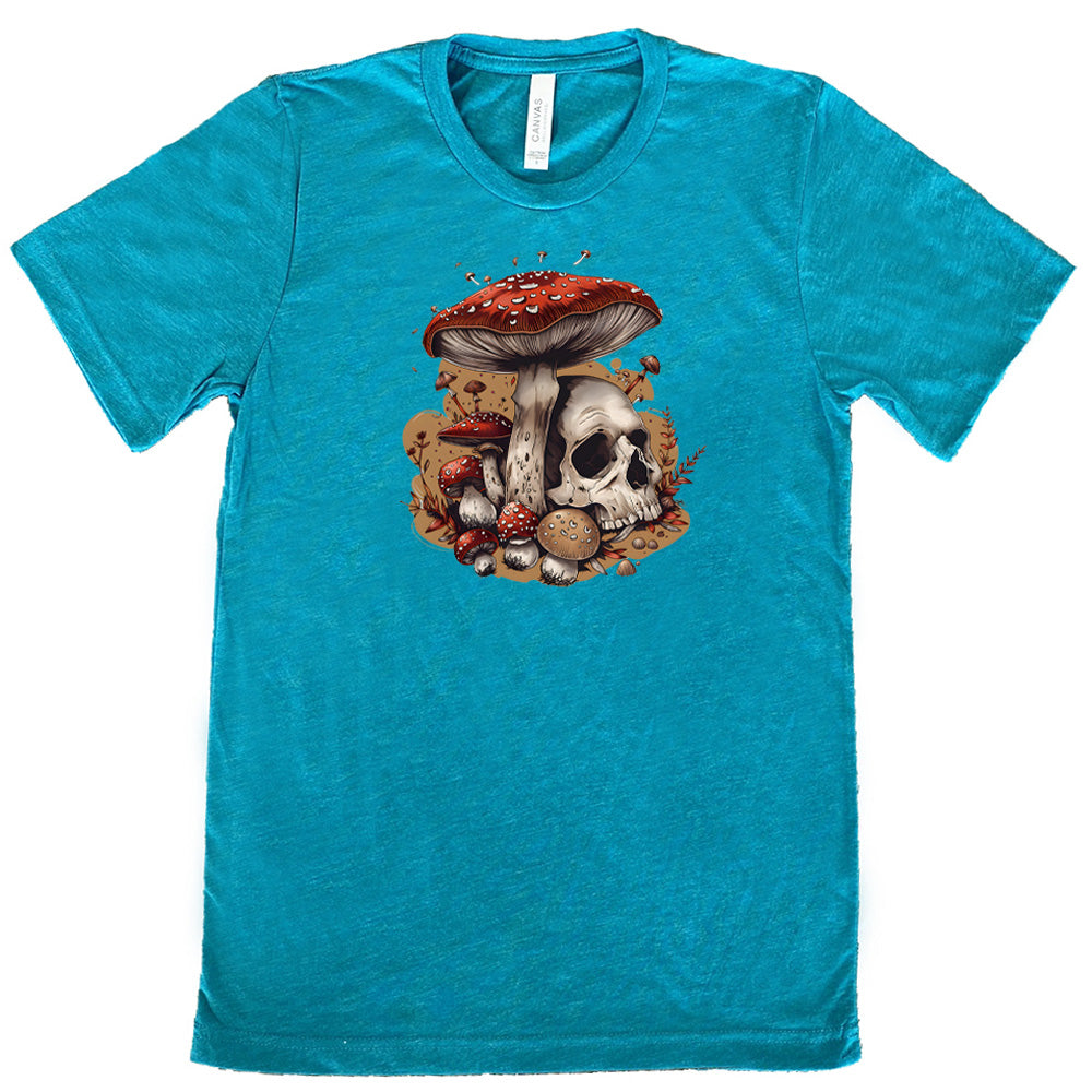 teal shirt with a mushroom skull graphic in the middle