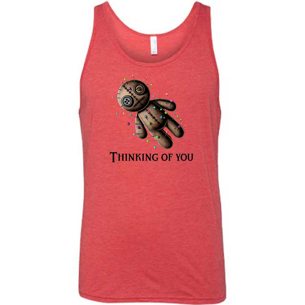 red shirt with the quote "Thinking Of You" on it