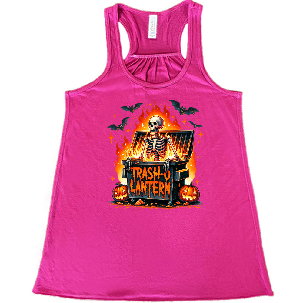 berry shirt with a skeleton graphic and the quote "trash-o lantern" on it 