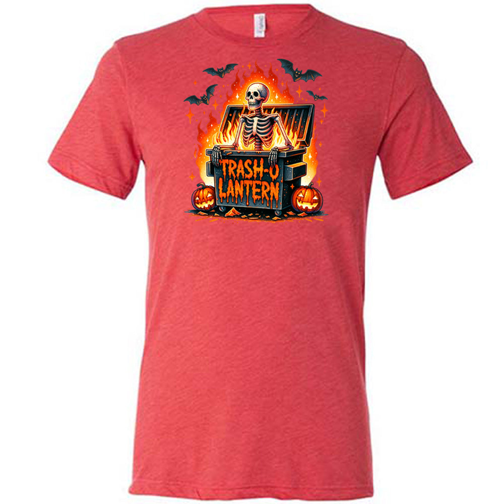 red shirt with a skeleton graphic and the quote "trash-o lantern" on it 