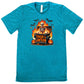 teal shirt with a skeleton graphic and the quote "trash-o lantern" on it 