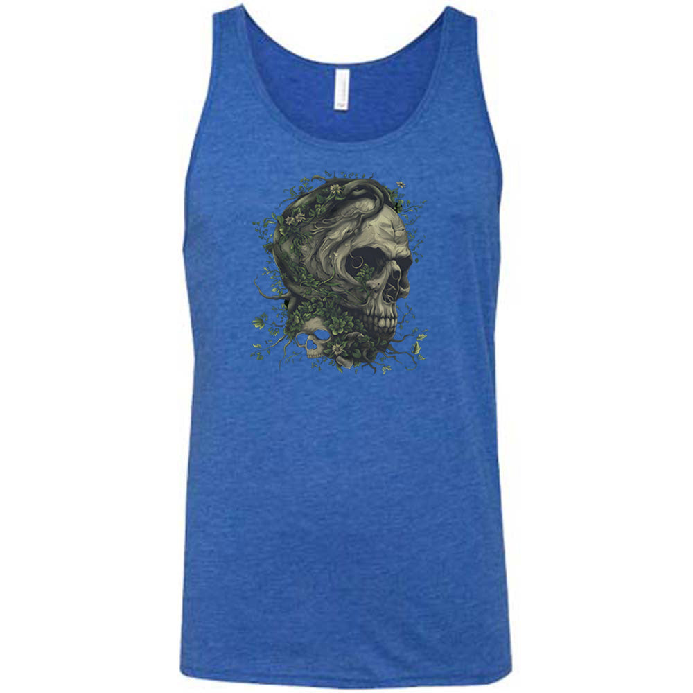 blue shirt with a tree skull graphic in the middle