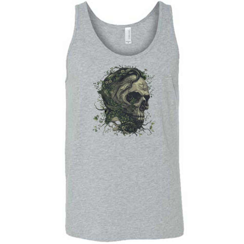 grey shirt with a tree skull graphic in the middle