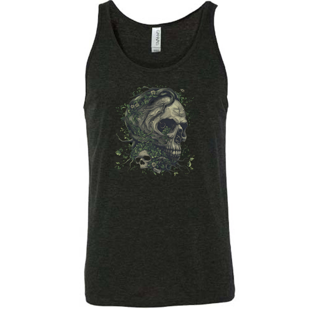 black shirt with a tree skull graphic in the middle