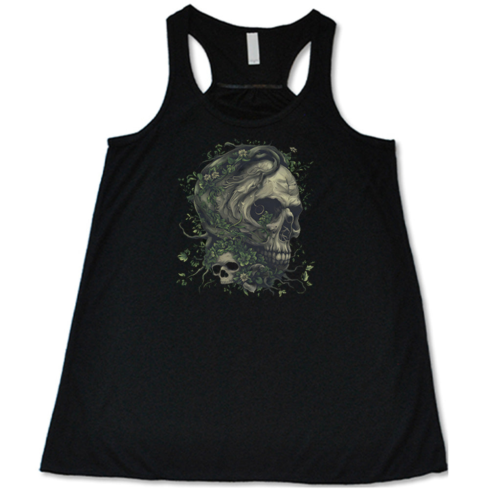 black shirt with a tree skull graphic in the middle