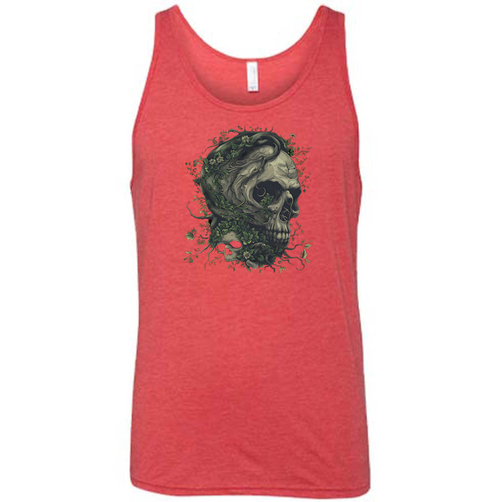 red shirt with a tree skull graphic in the middle