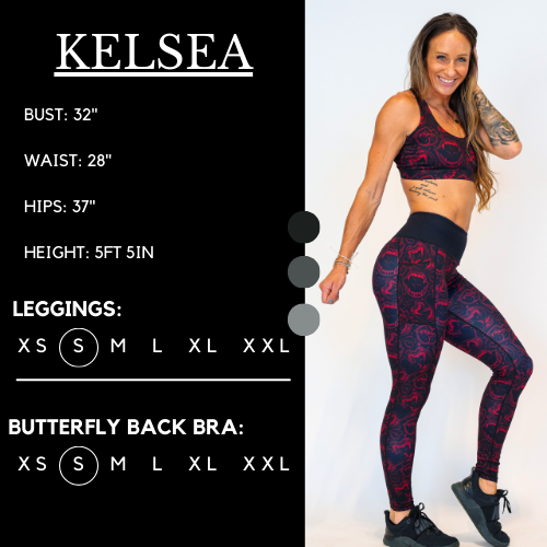 Model's measurements of 32 inch bust, 28 inch waist, 37 inch hips, and height of 5 foot 5 inches. She is wearing a size extra small in these leggings.