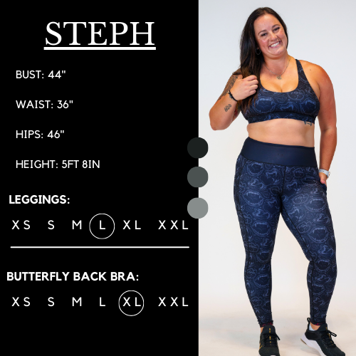 Model's measurements of 44 inch bust, 36 inch waist, 46 inch hips, and height of 5 foot 8 inches. She is wearing a size large in our leggings