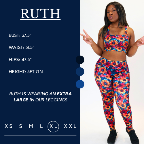 Model’s measurements of 37.5” bust, 31.5” waist, 47.5” hips and height of 5 ft 7 inches. She is wearing a size extra large in our leggings