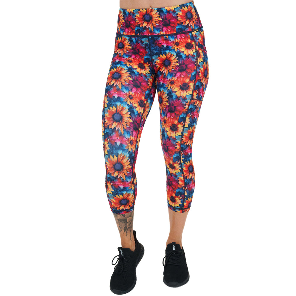 capri length colorful sunflower patterned leggings