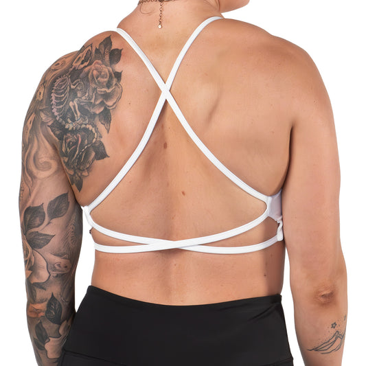 back view of the solid white sports bra