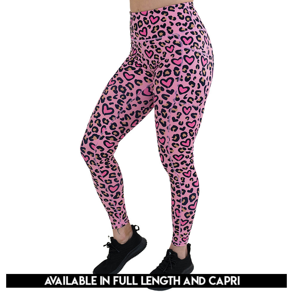 pink heart and leopard patterned leggings available in full and capri length