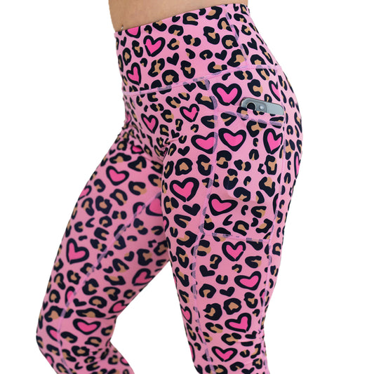 side pocket on the pink heart and leopard patterned leggings