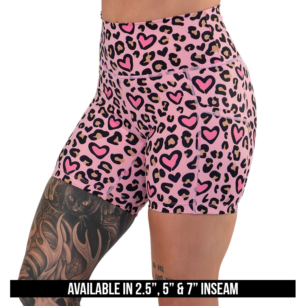 pink heart and leopard patterned shorts available in 2.5, 5 & 7 inch inseams