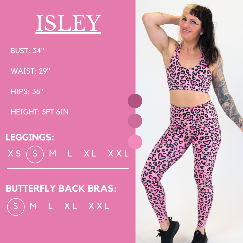 Model’s measurements of 34” bust, 29” waist, 36” hips and height of 5 ft 6 inches. She is wearing a size small in our leggings and a size small in our butterfly back bra