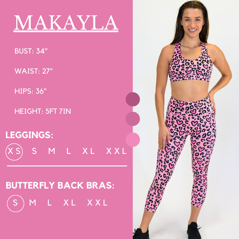 Model’s measurements of 34” bust, 27” waist, 36” hips and height of 5 ft 7 in. She is wearing a size x-small in our leggings and a size small in our butterfly back bra