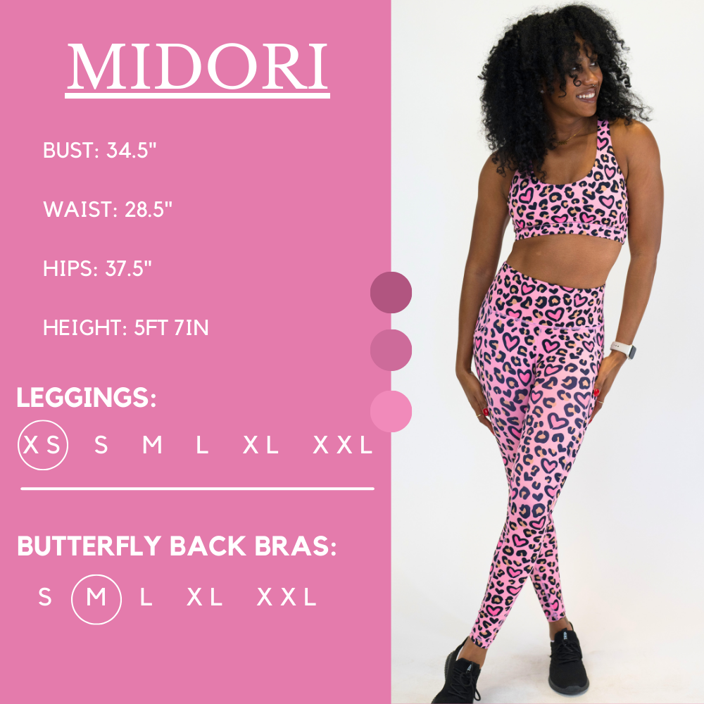 Model’s measurements of 34.5” bust, 28.5” waist, 37.5” hips and height of 5 ft 7 inches. She is wearing a size extra small in our leggings and a size medium in our butterfly back bra