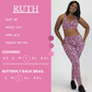 Model’s measurements of 38” bust, 31.5” waist, 47.5” hips and height of 5 ft 7 inches. She is wearing a size large in our leggings and a large in our butterfly back bra