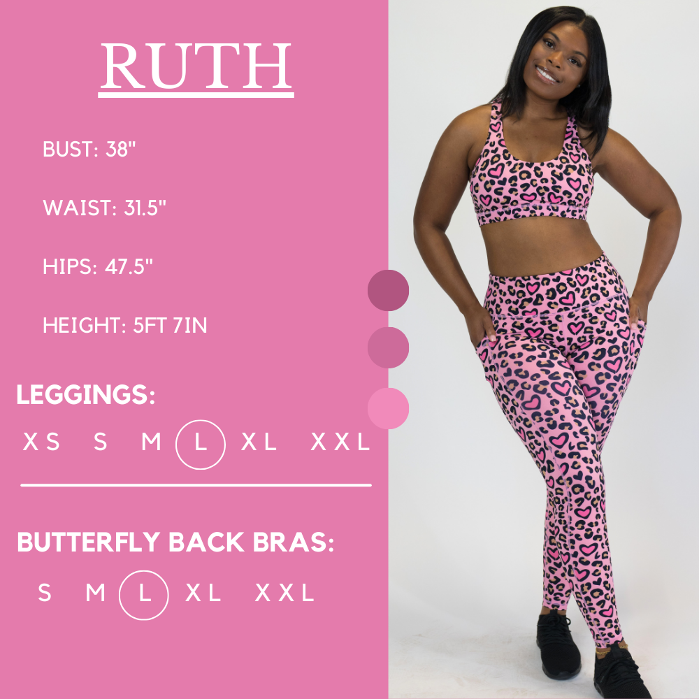 Model’s measurements of 38” bust, 31.5” waist, 47.5” hips and height of 5 ft 7 inches. She is wearing a size large in our leggings and a large in our butterfly back bra