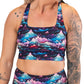 snowy mountain patterned sports bra