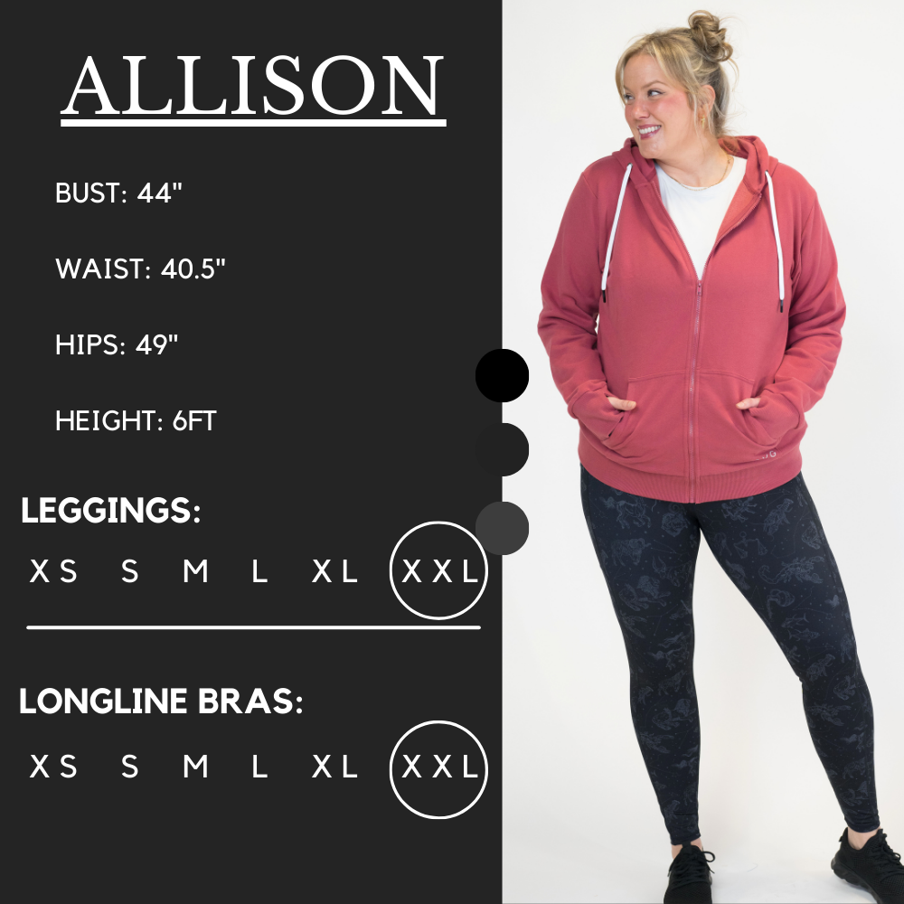 Model’s measurements of 44” bust, 40.5” waist, 49” hips and height of 6 ft. She is wearing a size xx-large in our leggings