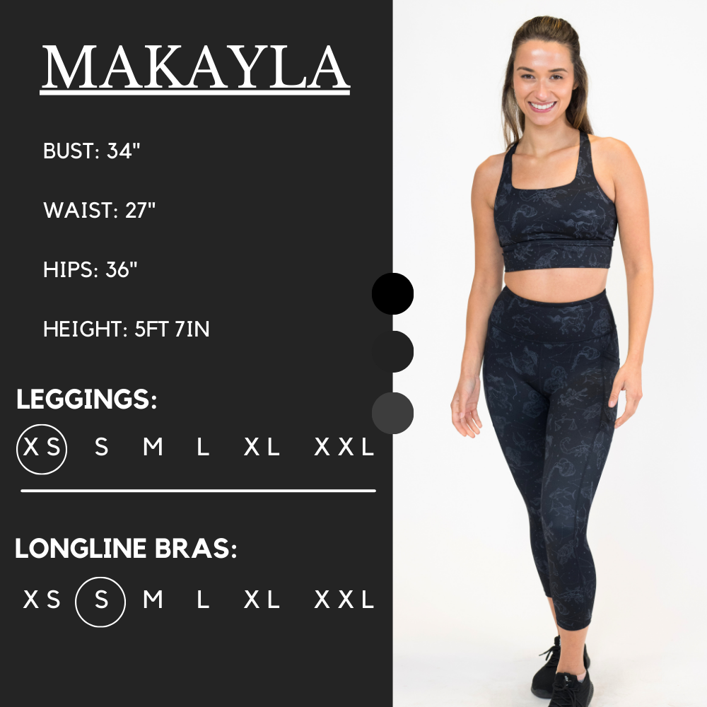 Model’s measurements of 34” bust, 27” waist, 36” hips and height of 5 ft 7 in. She is wearing a size x-small in our leggings