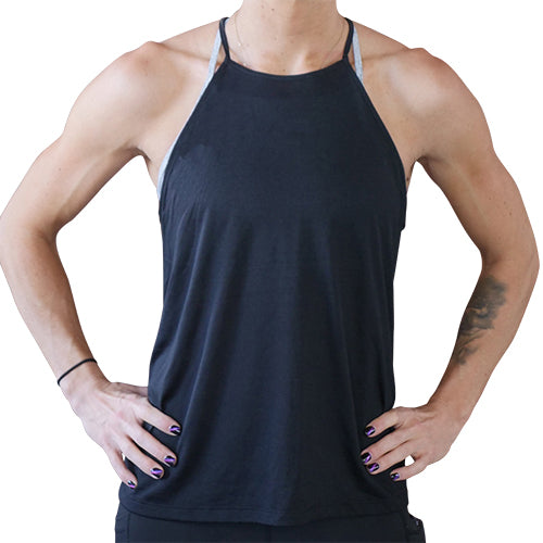 model wearing a black high neck flowy tank top