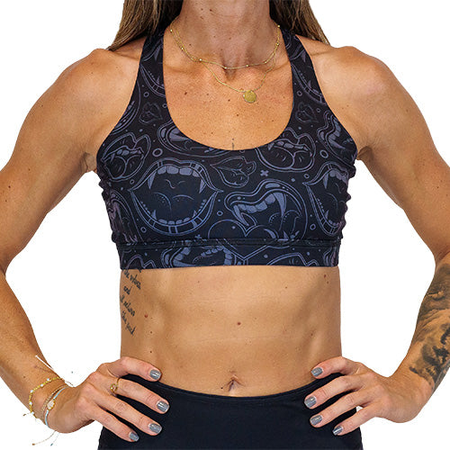 black and grey vampire themed sports bra