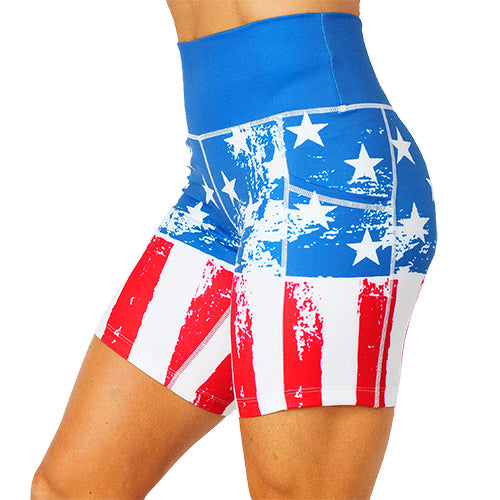 side view of 7 inch American flag patterned shorts