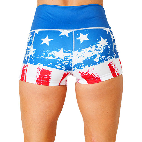 back view of 2.5 inch American flag patterned shorts