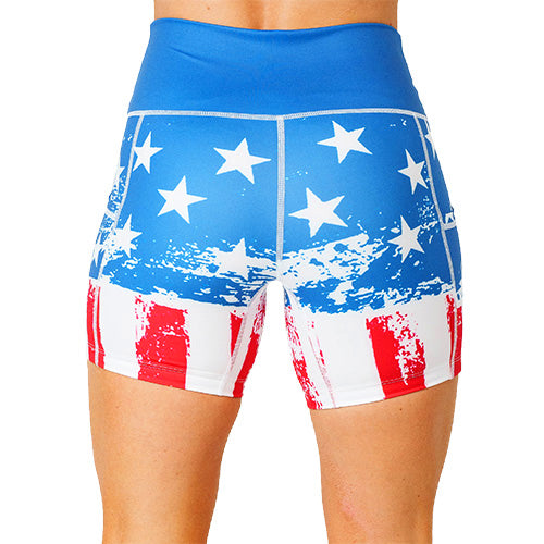 back view of 5 inch American flag patterned shorts