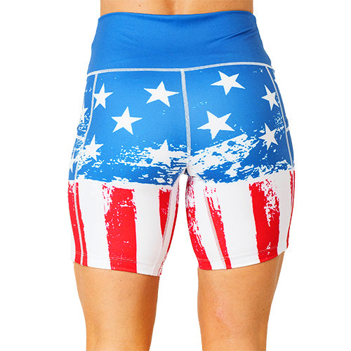 back view of 5 inch American flag patterned shorts